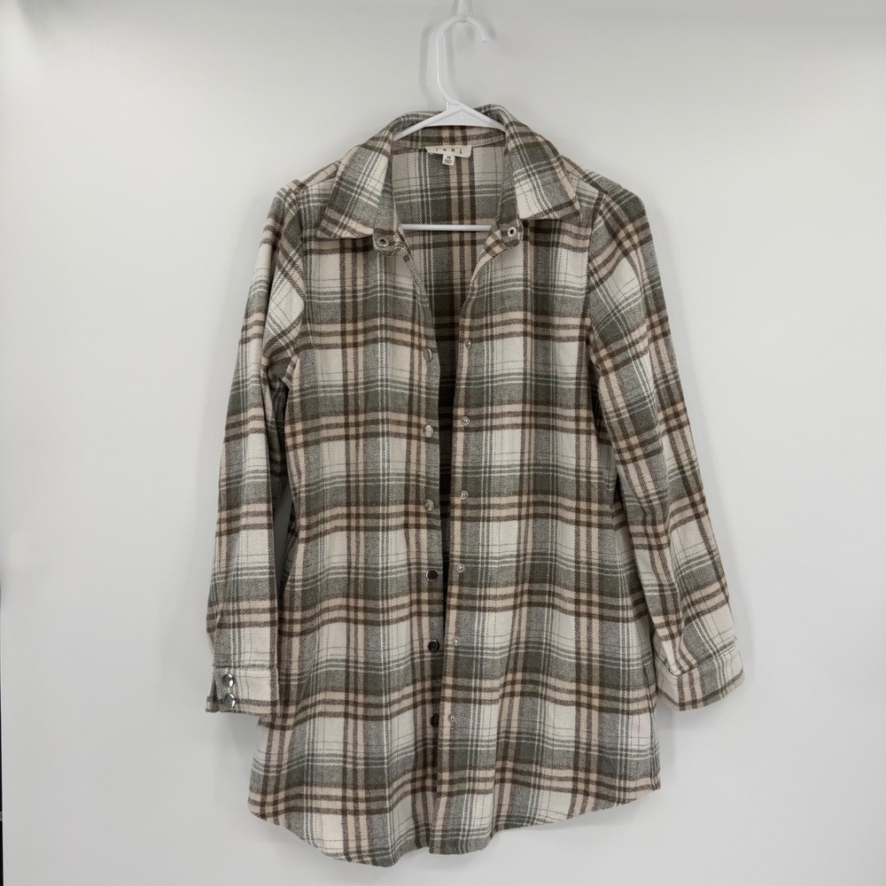 THML Plaid Shacket Womens XS Beige Olive Green Longline Button Front